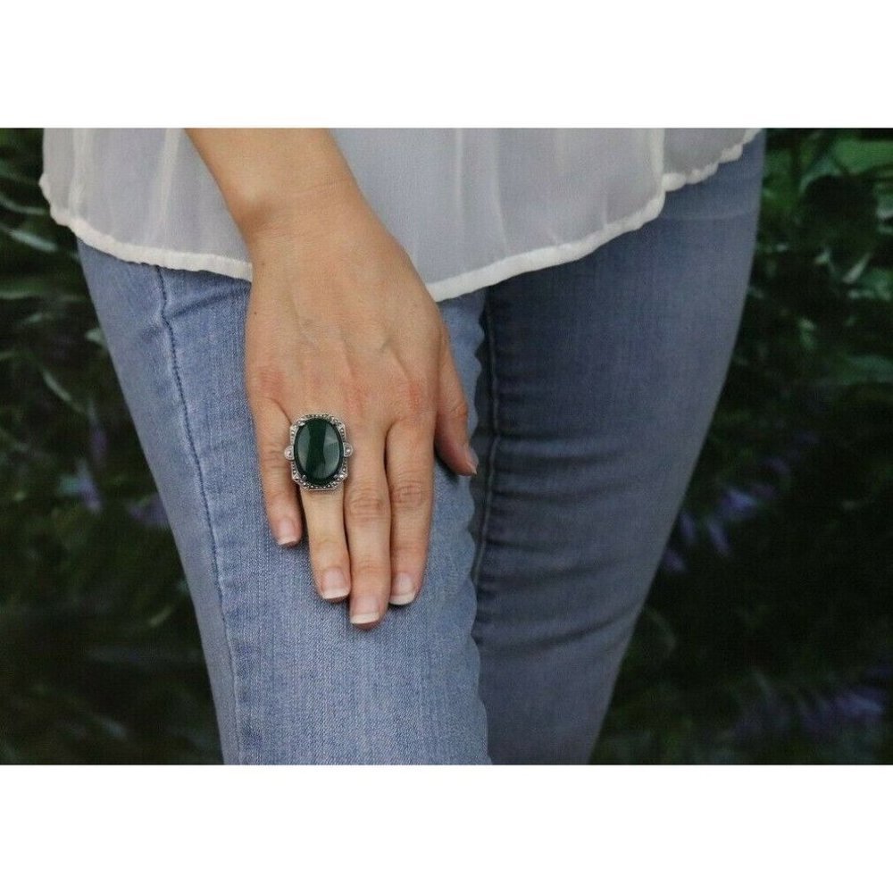 Sterling Silver Green Onyx and Marcasite Ring Art Deco Ring Size 5 - Picture 2 of 8